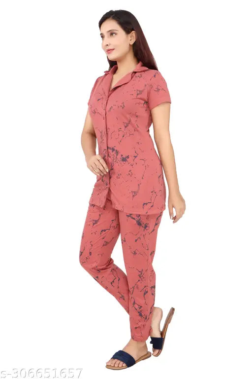 Cottonblend printed summer nightsuit for women's top with short sleeves and pyjama bottom, cotton blend fabric, size M, L, XL