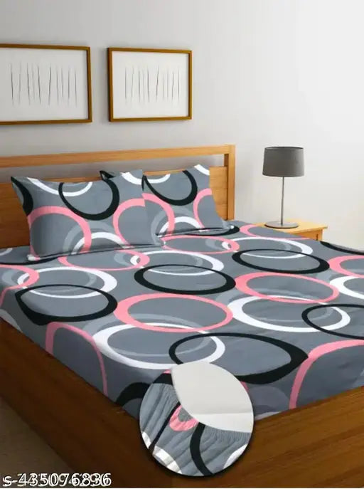 Glace cotton, super soft fitted double bedsheet with geometric pattern & 2 pillow covers - ideal for summer, adult use