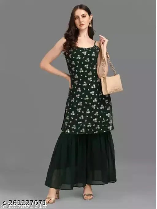 Women's sleeveless foil-work kurta set with sharara bottom, printed pattern, sizes M-XXL, Indian origin