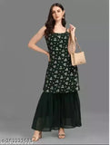 Women's sleeveless foil-work kurta set with sharara bottom, printed pattern, sizes M-XXL, Indian origin