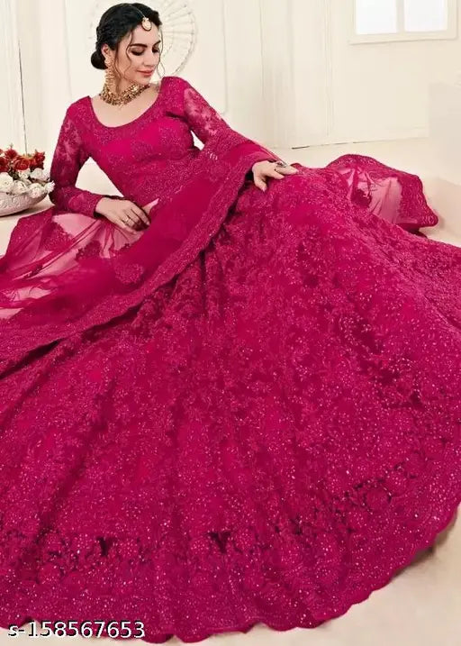 Embroidered net lehenga & dupatta set, intricate Indian bridal wear semi-stitched (44m waist, 42m length)