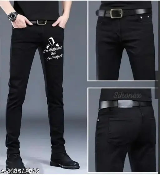 Designer black polycotton jeans for men with placement print, trendy and comfortable to wear, size 28, 30, 32 (Waist: 28in, 30in, 32in; Length: 40in; Hip: 30in, 32in, 34in) - Indian origin