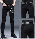 Designer black polycotton jeans for men with placement print, trendy and comfortable to wear, size 28, 30, 32 (Waist: 28in, 30in, 32in; Length: 40in; Hip: 30in, 32in, 34in) - Indian origin