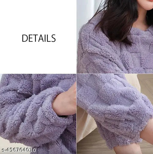 Warm, woolen winter jacquard night suits for women with fleece lining, available in M, L, and XL sizes