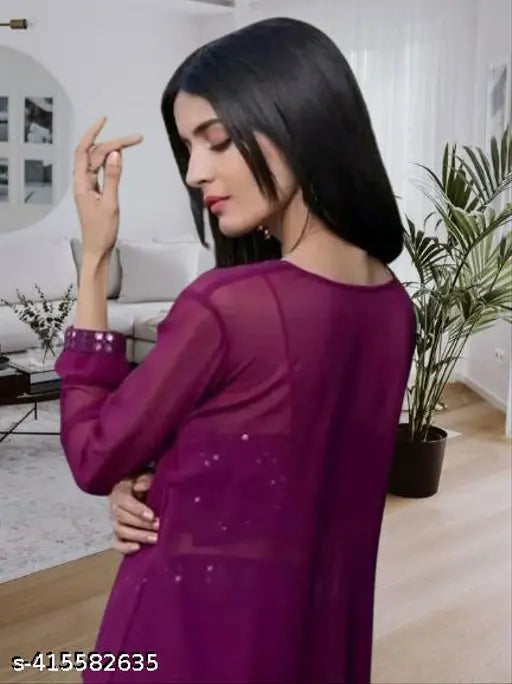 Georgette embroidered kurta collection, single set with palazzo pants, self-designed net pattern. Free size (bust 44in, shoulder 18in), Indian origin