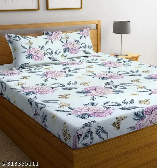 Floral white, wrinkle-free, premium cotton double bedsheets with 2 king size pillow covers, breathable and ultrasoft, ideal for summer adult use, 90x90 inches, country of origin: India