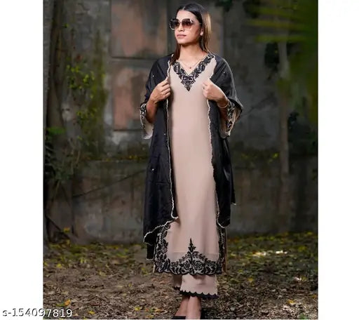 New Festival Special Georgette Top with Palazzo Suit, heavy georgette with full work, three-quarter sleeves, free size (top bust 44in, top length 50in, bottom waist 40in, bottom length 40in). Indian handcrafted chine stitched work and georgette dupatta." (123 characters)