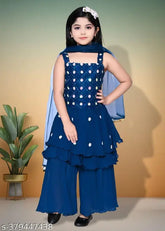 Modern girls chiffon kurti and palazzos set, embellished with sleeveless design, knee length tops and sharara bottoms. Soft and comfortable for children's clothing, available in various sizes from 3-12 months. Handcrafted in India
