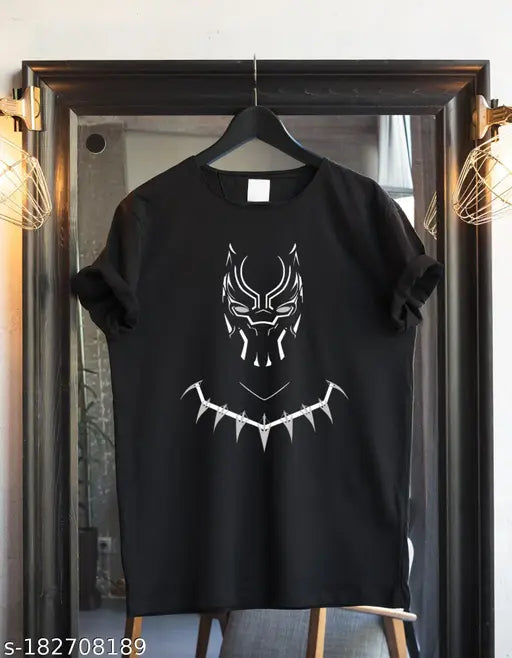 Black Panther men's classic cotton blend t-shirt, short sleeves with printed pattern, size L, on hanger