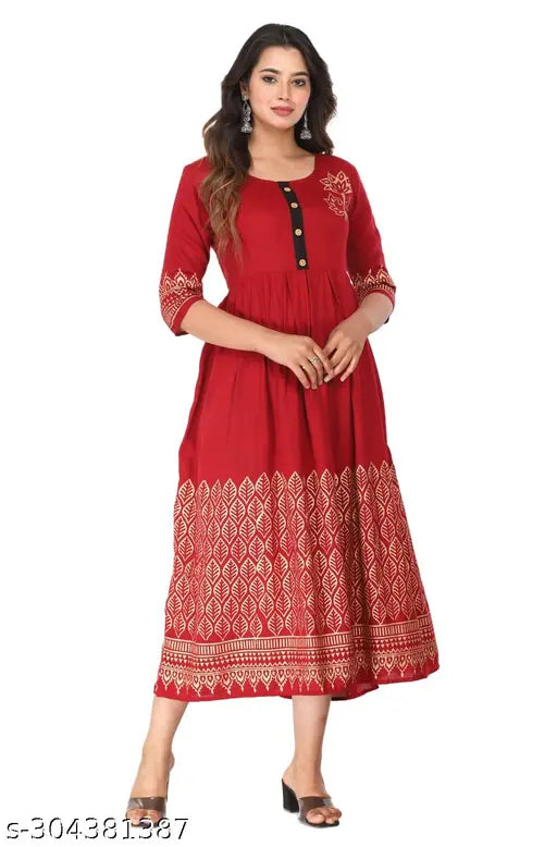 Maroon rayon Anarkali kurti, printed combo with three-quarter sleeves. Women's fashionable ethnic wear for functions, festivals, parties, or weddings. Made in India, soft and lightweight fabric
