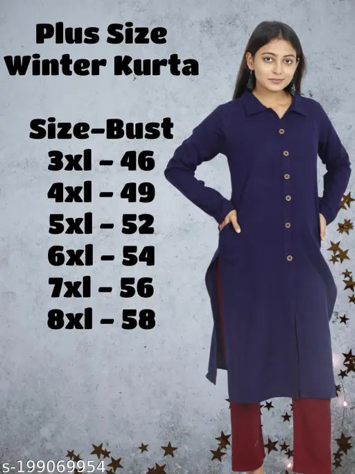 Women's plus size winter wear CotsWool Kurta with 2 side pockets, full sleeve - solid design in sizes XXXL to 8XL from India