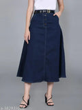 Denim blue stretchable skirt with front pockets, all-season Western style - Mid length, perfect for diverse body types, made in India