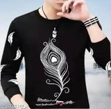 Pure cotton printed regular fitted black casual t-shirt for men, trendy round neck design with long sleeves