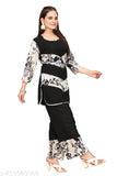 Pretty women's crepe kurta sets in sizes 3XL to 6XL, featuring printed net palazzos and three-quarter sleeves. Indian-made." (120 characters)