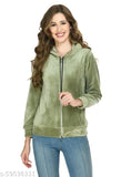 Olive velvet, solid full-sleeve casual jacket for women on hanger