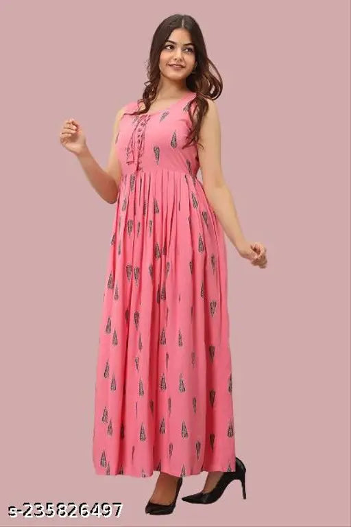 Peach rayon sleeveless anarkali kurta with tilak print, vibrant Indian fashion for women