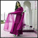 Women's rayon gold printed kurta with sharara dupatta set, three-quarter sleeves, Indian traditional wear on mannequin