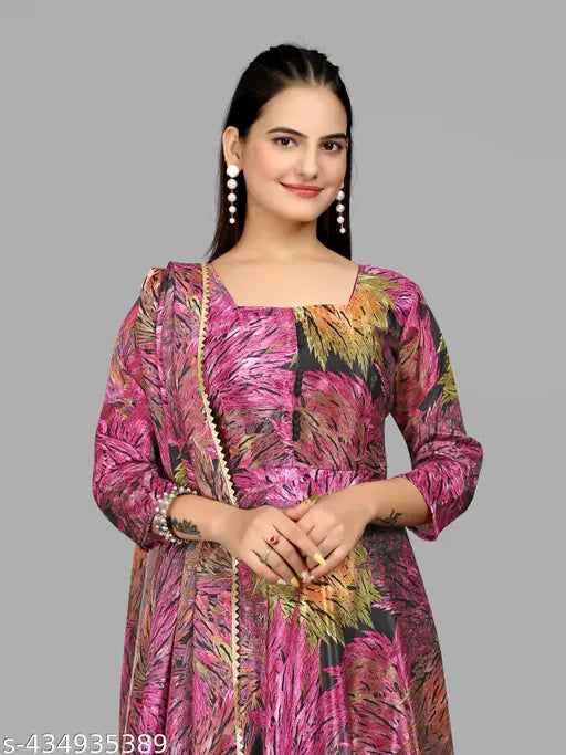 Digital Floral Print Stylish Floor Length Anarkali Gown, high-quality poly silk, vibrant floral print, Indian origin