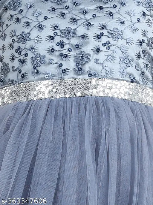 Fuchsia & grey printed full-length party dress for kids (1-10 years), embellished net and sequins, hand wash recommended for parties, festivals, weddings or ceremonies