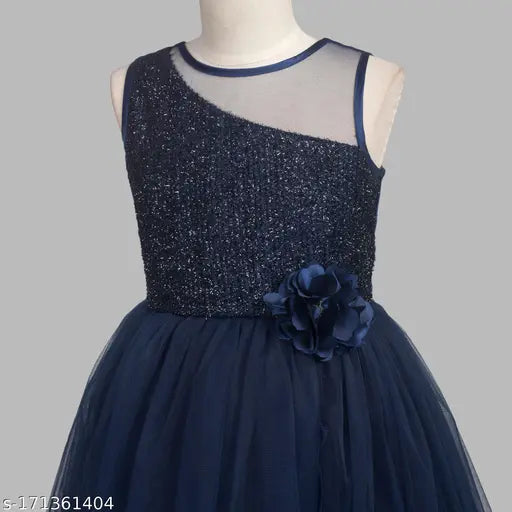 Navy blue embellished net party wear dress for kids aged 1-2 years, India origin