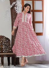 Trendy rayon pink floral kurti, three-quarter sleeves, printed combos for parties & festivals. Made in India