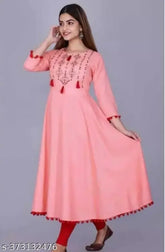 Rayon anarkali Kurtis with embroidery, trendy fashion for women in solid combo. Sizes include S (36in bust, 46in length), M (38in bust, 46in length), L (40in bust, 46in length), XL (42in bust, 46in length), XXL (44in bust, 46in length), XXXL (46in bust, 46in length). Perfect for festivals and family functions. Indian designer ethnic wear