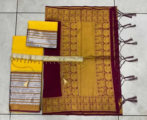 Art Silk half saree, Litchi Silk zari work South Indian style with woven design. Semi-stitched lehenga (40in waist, 42in length), unstitched blouse (0.8m), and matching dupatta (2.4m) with tussles and belt