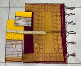 Art Silk half saree, Litchi Silk zari work South Indian style with woven design. Semi-stitched lehenga (40in waist, 42in length), unstitched blouse (0.8m), and matching dupatta (2.4m) with tussles and belt