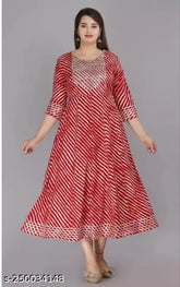 Red Rayon Anarkali Kurta with Laheriya Embroidery & Prints, detailed with sequins, beads, tassels, side slits - Indian festive wear