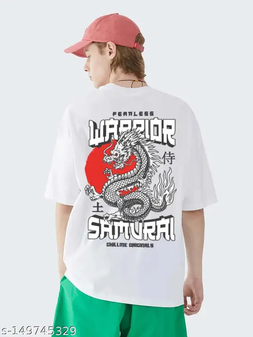 Relaxed fit Japanese cotton t-shirt, three-quarter sleeves, loose, baggy fit for men - printed Indian design