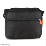 Black unisex sling bag, polyester, cross body multipurpose handbag for travel and office. Solid net design with three compartments and a zipper closure. Ideal for both men and women's casual outings
