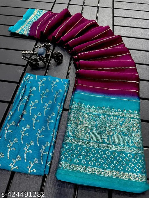 Moss striped chiffon saree with separate blouse piece, Indian free size (5.5m/0.8m)