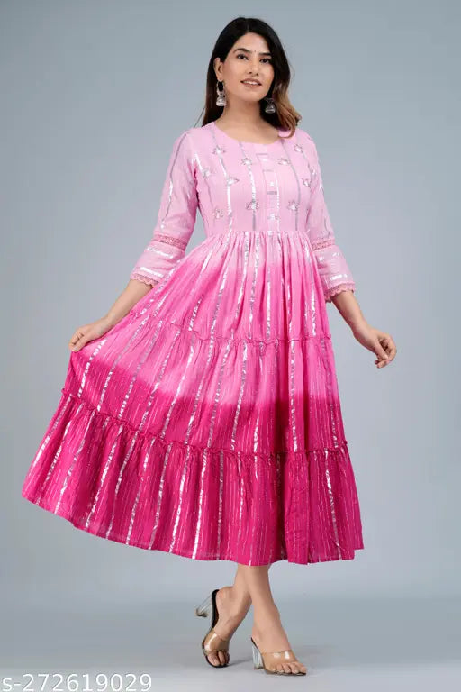 Pink cotton lurex ombre dyed flared tiered dress with hand-worked yoke, 3/4 sleeves, round neck, and 48" length