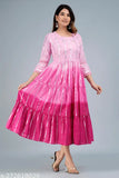 Pink cotton lurex ombre dyed flared tiered dress with hand-worked yoke, 3/4 sleeves, round neck, and 48" length