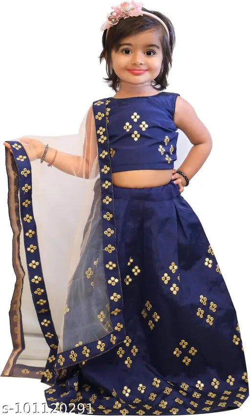 Bamboo and taffeta silk baby girl's lehenga choli set, embroidered with net dupatta, sleeveless, 2-3 years size
