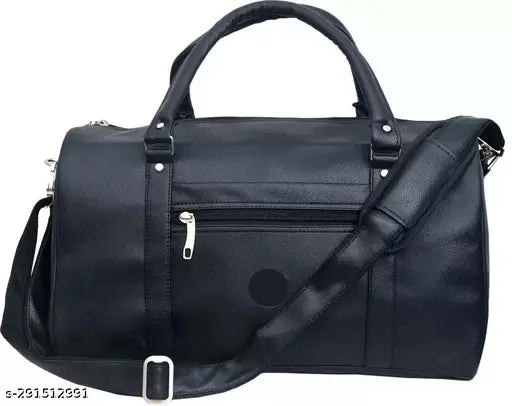 Black faux leather travel duffel bag, regular capacity, 1 compartment, solid pattern