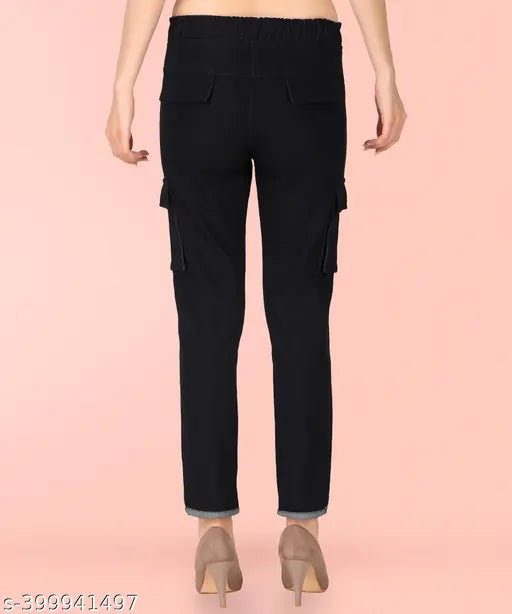 Stretchable premium denim cargo black baggy jogger jeans, high waist, plus size, elastic waist, ankle cuff pants. Made in India