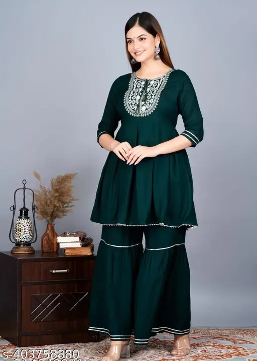 Green rayon embroidered short designer kurti-sharara set with dupatta, women's sharara suit in solid green fabric