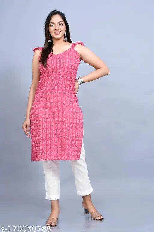 Pink cotton Kurta with butterfly sleeves, printed combo. Sleeveless, XS (34in bust, 42in length), stunning for white pants or jeans. Indian origin