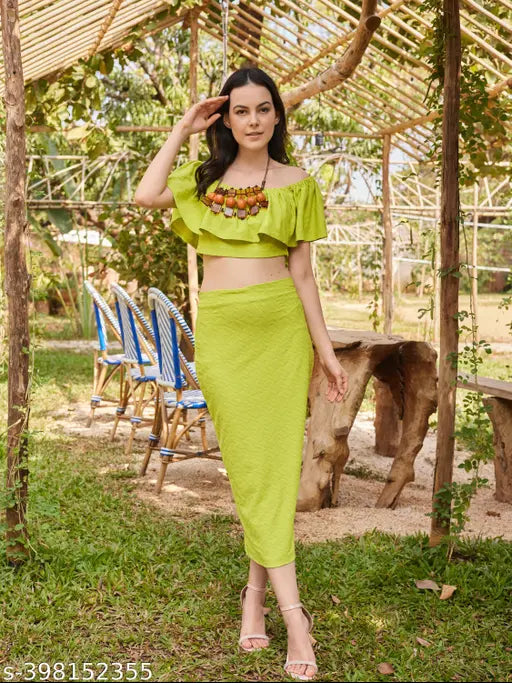 Polyester round neck top & midi skirt set, off-shoulder with ruffled sleeves, Indian knitted women's fashion in regular fit