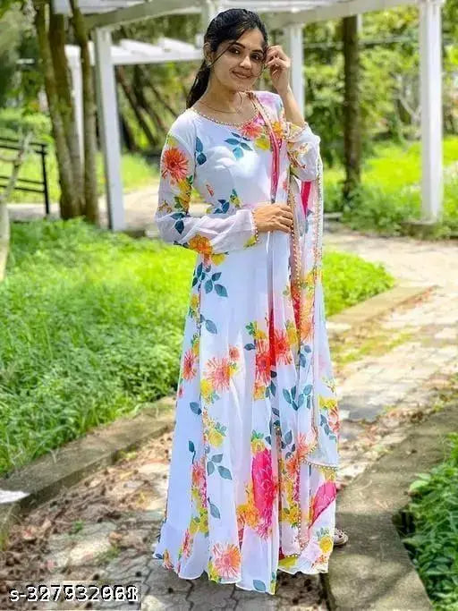 White georgette Ladies Shawl Gown with printed combo, perfect for parties or office wear