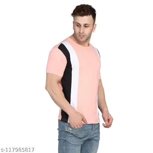 Peach colorblocked cotton slim round t-shirt for men, short sleeves on display