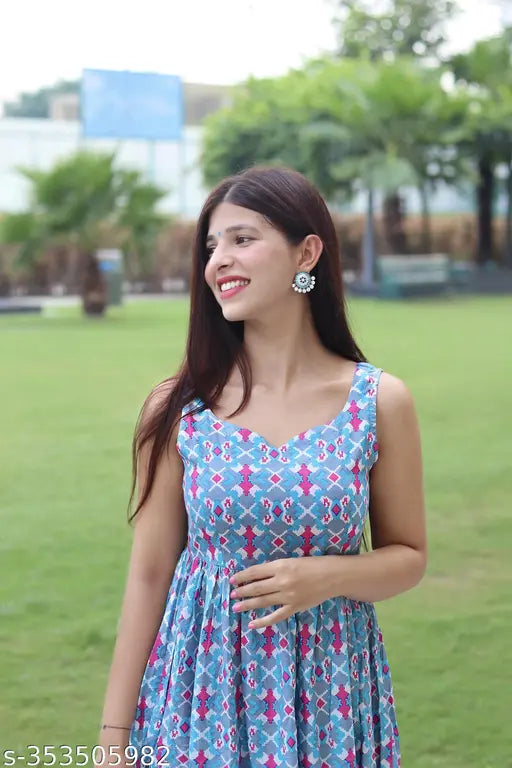 Blue rayon sleeveless printed blouse, XS-XXXL, made in India