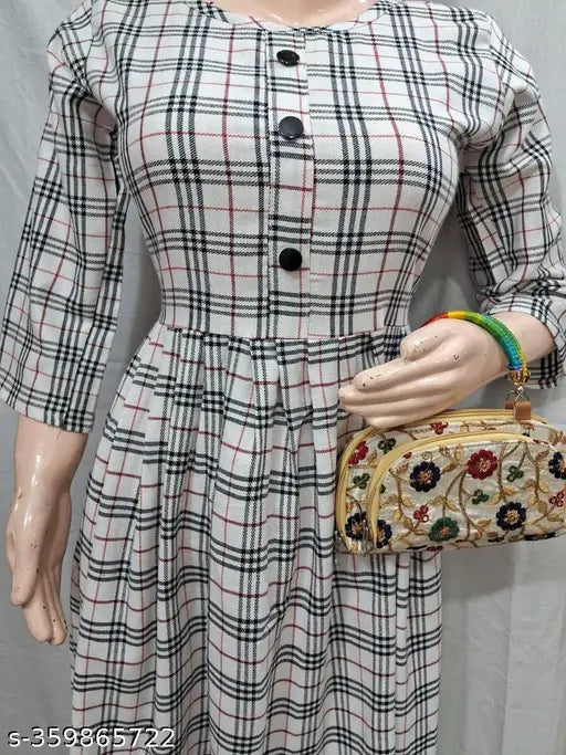 White woolen checked kurti for winter, 3/4 sleeves, casual to formal wear