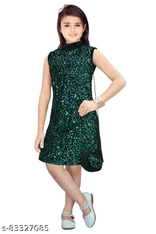 Nylon sleeveless sparkle velvet party dress for girls, accessorized with a matching bag. Available in sizes 1-14 years, made in India