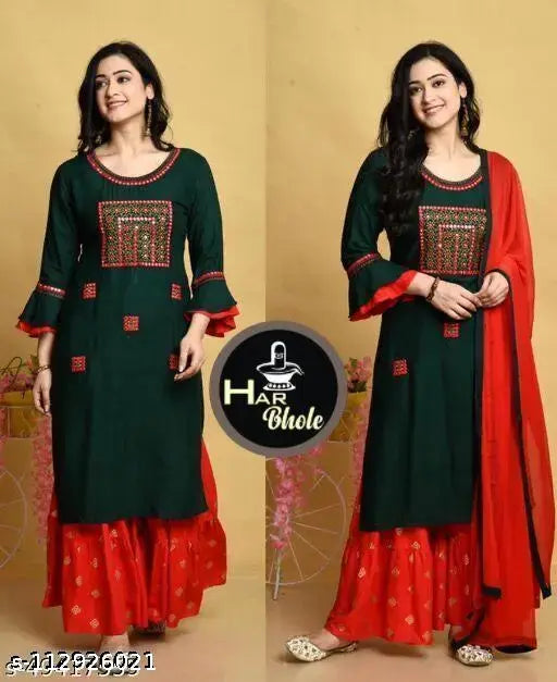 Embroidered net rayon dupatta set for women, three-quarter sleeves, Sharara style, Indian origin