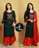 Embroidered net rayon dupatta set for women, three-quarter sleeves, Sharara style, Indian origin