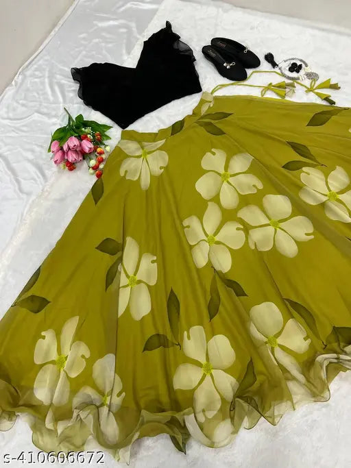 Georgette kids lehenga choli, floral printed, three-quarter sleeves. Stylish ethnic party dress for girls aged 3-8 years, India origin