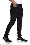 Black cotton blend slim fit full-length jeans for men, stylish party festive wear with a solid pattern on display