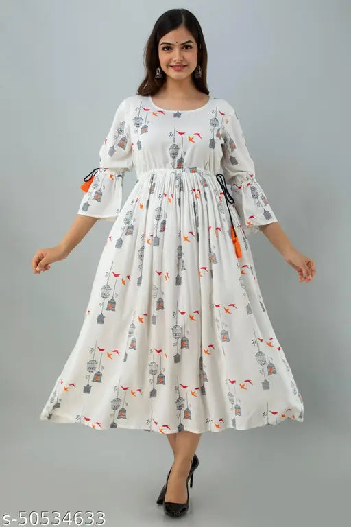 White bird cage print rayon flared long kurta with tassel detailing, perfect for Indian fashion
